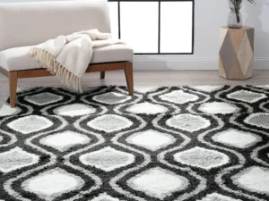 Contemporary 4x6 Area Rug Shag Thick (4' x 5'3'') Geometric White, Silver Indoor Rectangle Easy to Clean